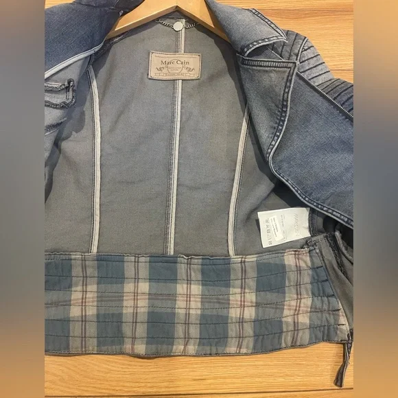 Marc Cain Blue Denim Biker Jacket  Quilted Moto Shoulders & Asymmetric Zip jeans - Picture 12 of 14